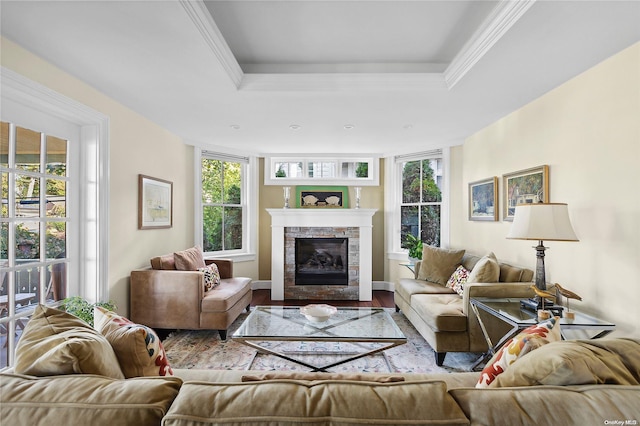 living room featuring a tray ceiling, crown molding, and hardwood / wood-style floors