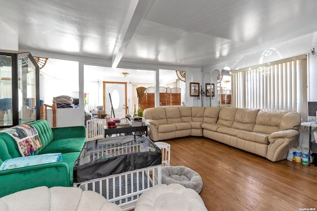 living room featuring beamed ceiling and wood-type flooring