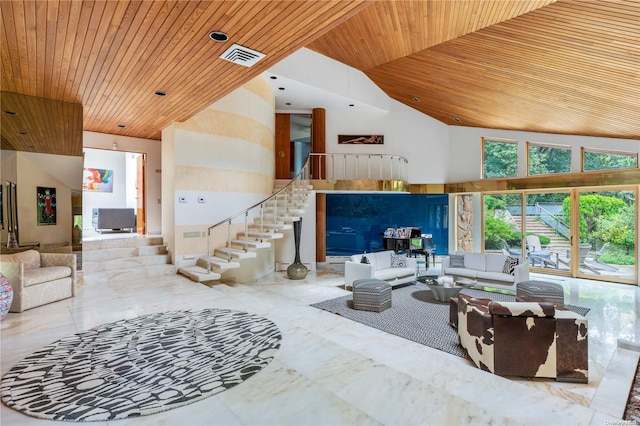 living room with high vaulted ceiling and wooden ceiling