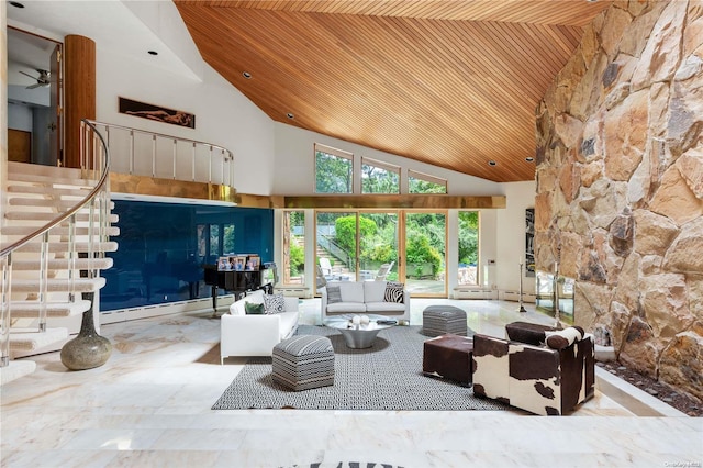 living room featuring ceiling fan, wood ceiling, baseboard heating, and high vaulted ceiling