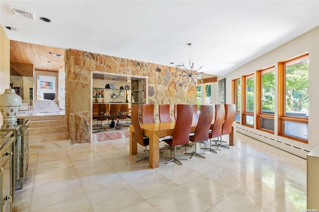 dining space with a baseboard radiator, an inviting chandelier, and wood ceiling