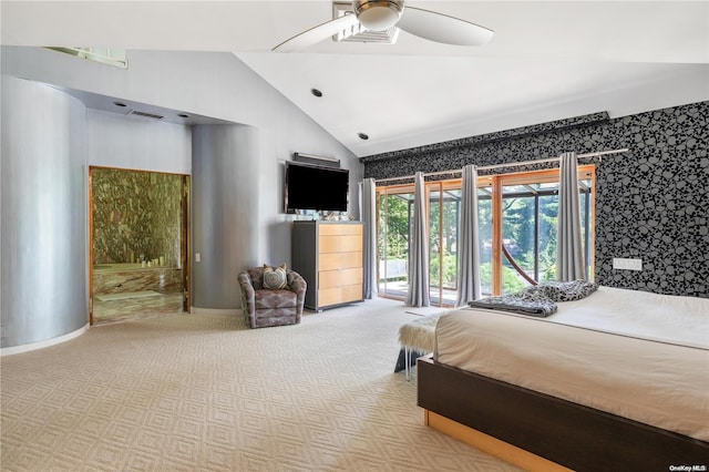 bedroom featuring access to exterior, ceiling fan, light carpet, and lofted ceiling