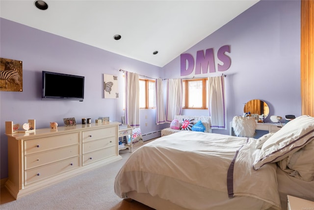 bedroom featuring light colored carpet, lofted ceiling, and a baseboard radiator