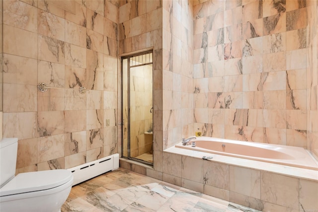 bathroom featuring separate shower and tub, toilet, tile walls, and a baseboard radiator