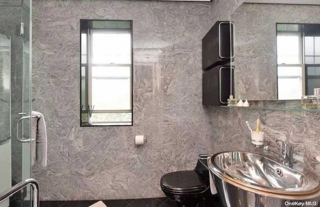 bathroom featuring sink, an enclosed shower, and toilet