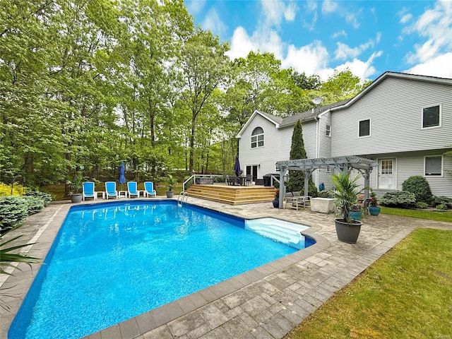 18 Diane Dr, Manorville, NY 11949 - outdoor pool featuring a pergola, a deck, and a patio