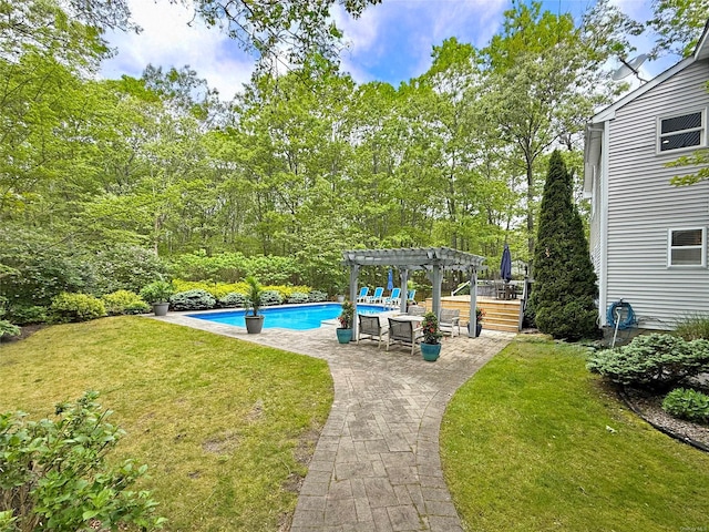 18 Diane Dr, Manorville, NY 11949 - outdoor pool featuring a pergola, a lawn, and a patio