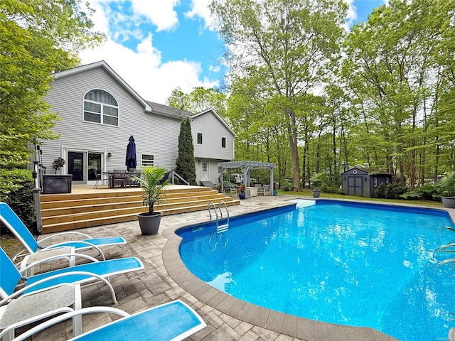 18 Diane Dr, Manorville, NY 11949 - outdoor pool with a pergola, a patio, a deck, and outdoor dining space