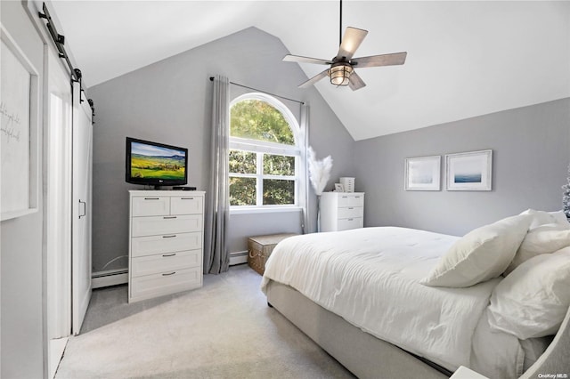 18 Diane Dr, Manorville, NY 11949 - bedroom featuring a barn door, lofted ceiling, light colored carpet, a baseboard heating unit, and a ceiling fan