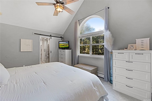 18 Diane Dr, Manorville, NY 11949 - bedroom featuring a barn door, light colored carpet, lofted ceiling, a baseboard radiator, and a ceiling fan