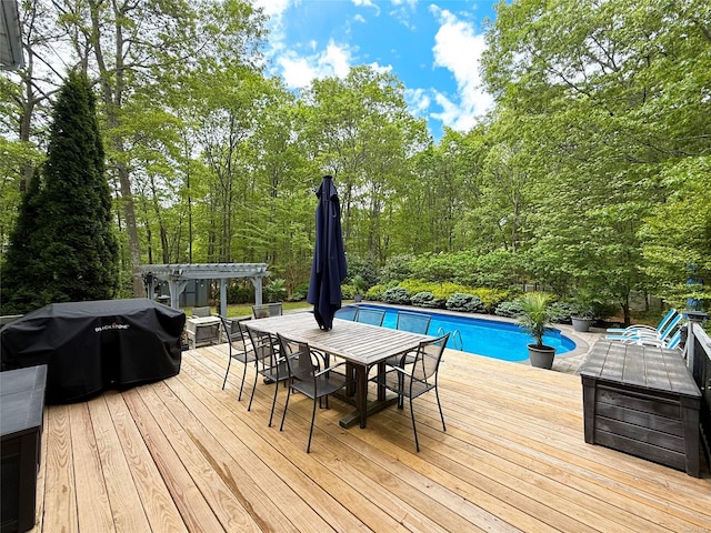 18 Diane Dr, Manorville, NY 11949 - wooden deck featuring a pergola, an outdoor pool, outdoor dining space, and a grill
