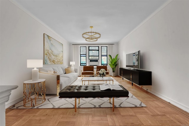 living room featuring light parquet floors and an inviting chandelier