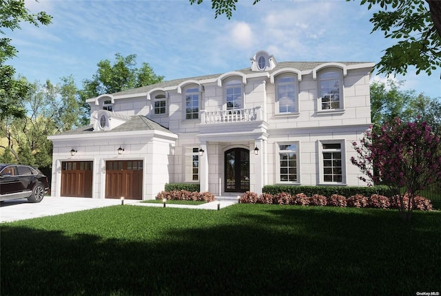 view of front of home featuring a balcony and a front yard