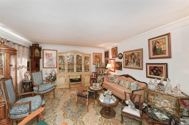 living area featuring crown molding