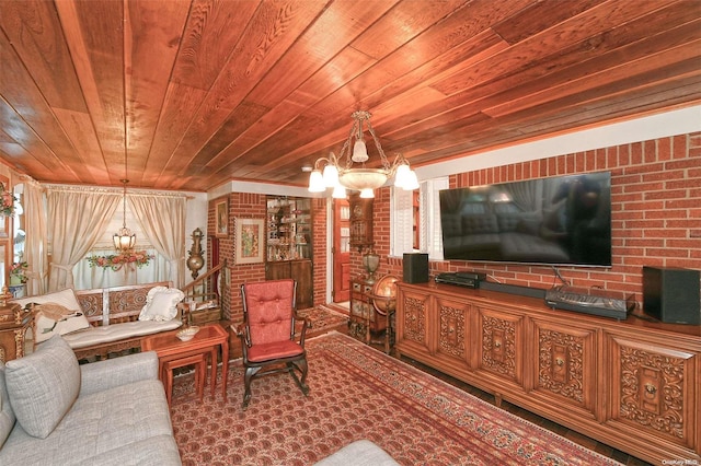 living room featuring carpet floors, a notable chandelier, wooden ceiling, and brick wall