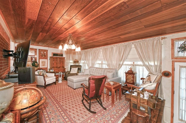 living room featuring a healthy amount of sunlight, brick wall, and wooden ceiling