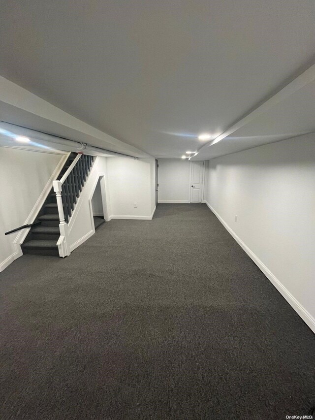 basement with dark colored carpet