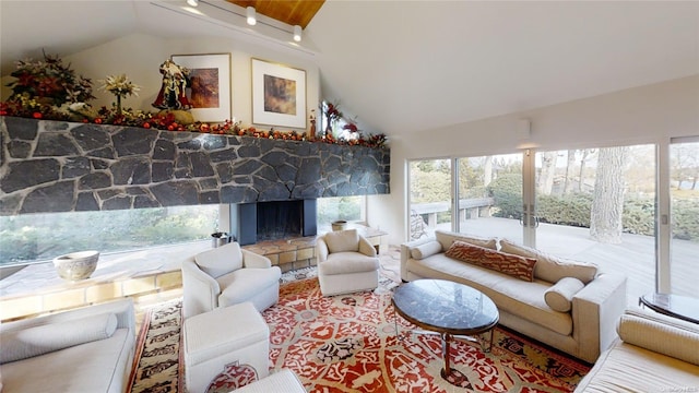 living room featuring a fireplace and high vaulted ceiling