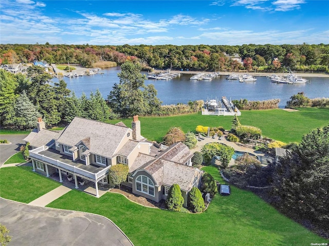 bird's eye view with a water view