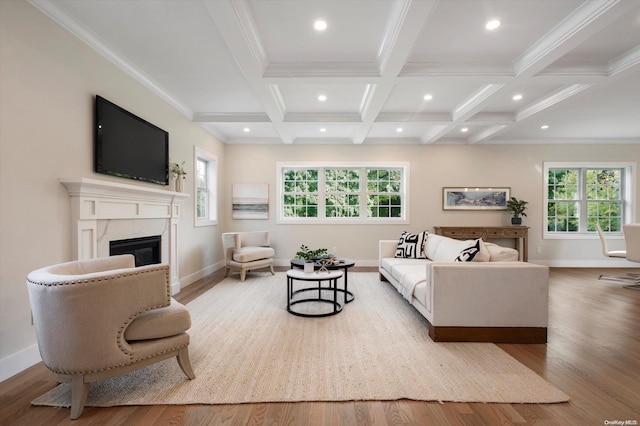 living room featuring beam ceiling, wood-type flooring, a wealth of natural light, and coffered ceiling