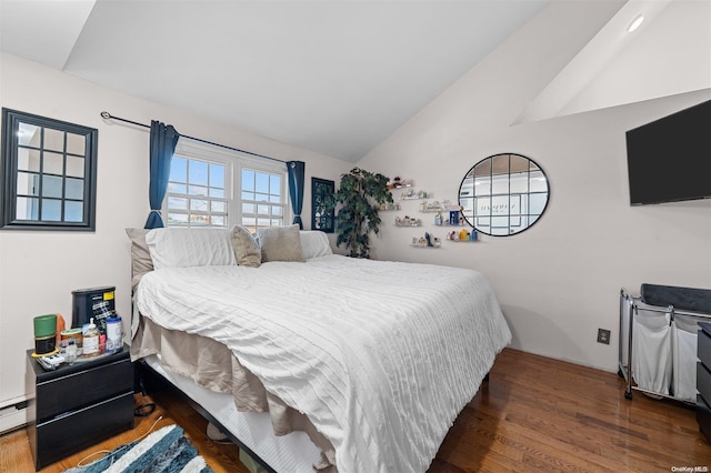 bedroom with lofted ceiling and dark wood-type flooring