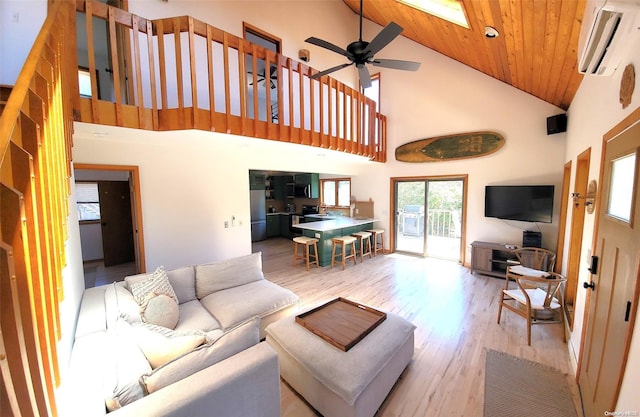 25 5th, Fair Harbor, NY 11706 - living area featuring a wall unit AC, high vaulted ceiling, wood finished floors, a ceiling fan, and wood ceiling