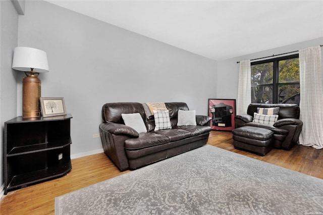 living room featuring wood-type flooring and lofted ceiling