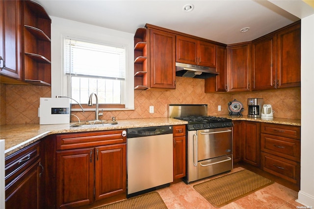 kitchen featuring sink, light tile patterned floors, appliances with stainless steel finishes, tasteful backsplash, and light stone counters