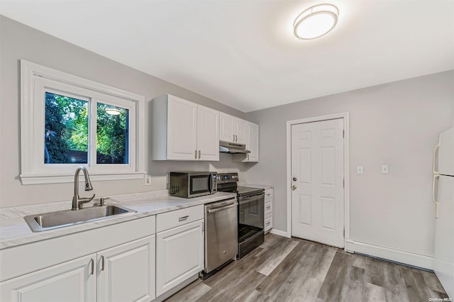 kitchen featuring white cabinets, light wood-type flooring, sink, and appliances with stainless steel finishes