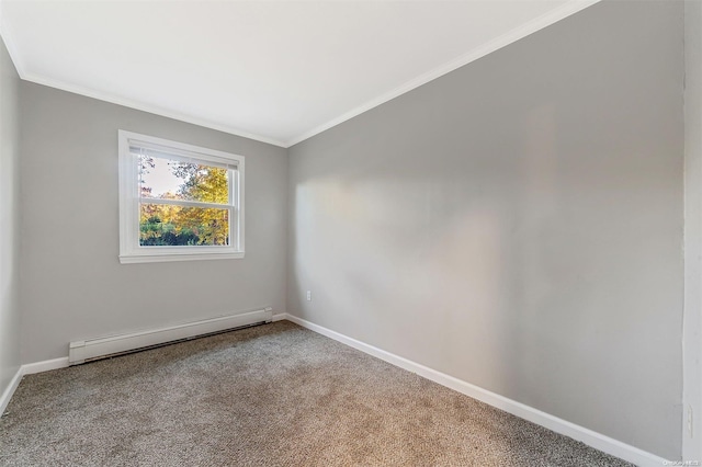 unfurnished room featuring baseboard heating, crown molding, and carpet floors