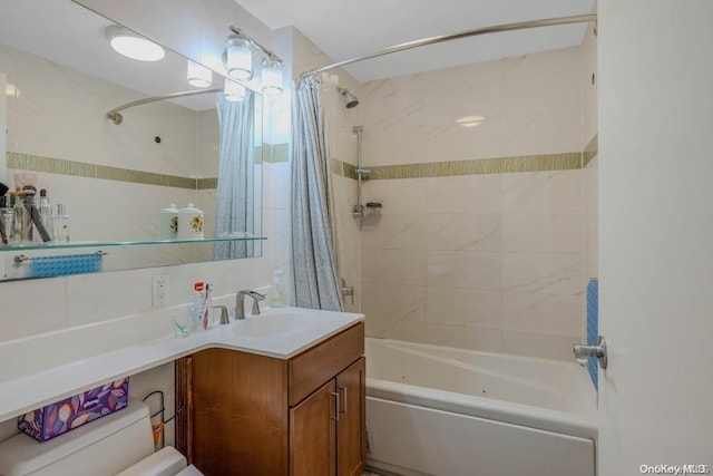 bathroom with vanity and shower / bathtub combination with curtain