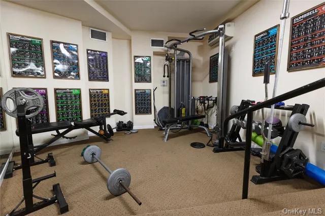 exercise room with carpet floors and visible vents