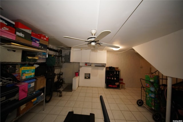 basement featuring ceiling fan