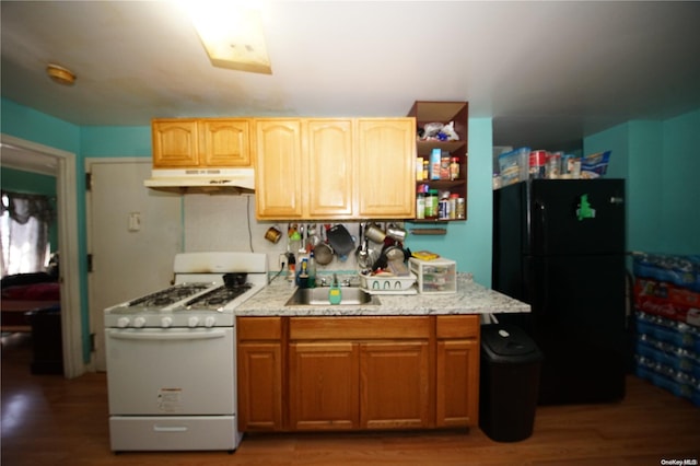 kitchen featuring white gas range, sink, black refrigerator, and hardwood / wood-style flooring