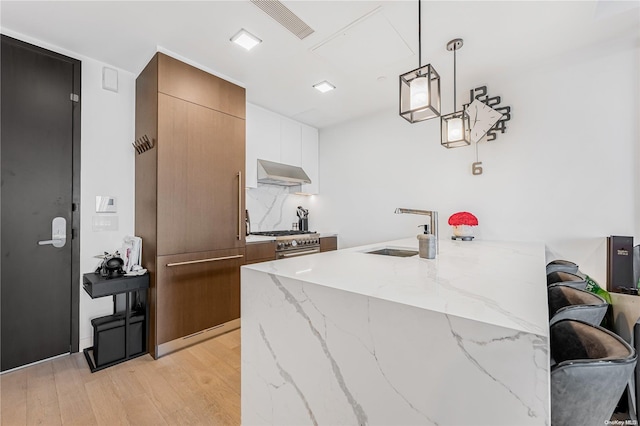 kitchen with ventilation hood, sink, light wood-type flooring, light stone counters, and white cabinetry