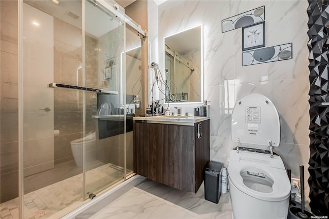 bathroom featuring toilet, vanity, tile walls, and walk in shower