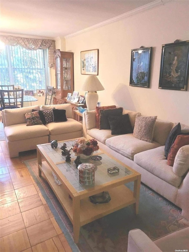 living room with parquet flooring and crown molding