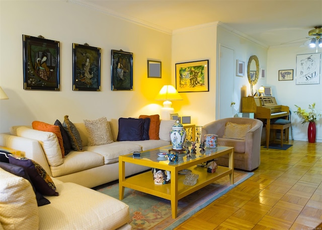 living room with parquet flooring, ceiling fan, and crown molding