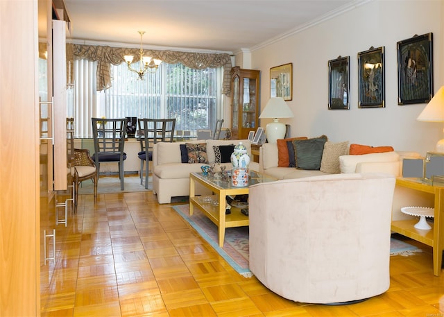 living room featuring crown molding, parquet floors, and an inviting chandelier