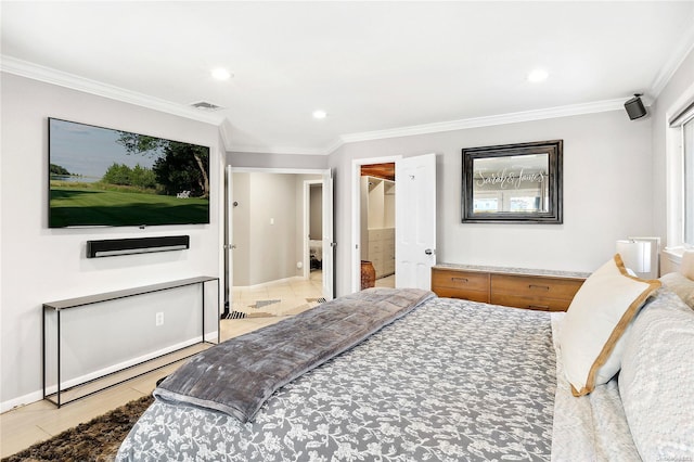 bedroom featuring a walk in closet, a closet, and ornamental molding