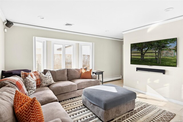 living room with light tile patterned floors, crown molding, and a baseboard heating unit