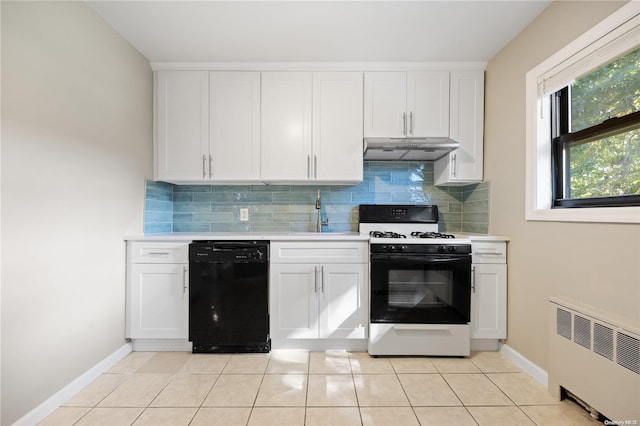 kitchen with dishwasher, white cabinets, radiator, and white gas stove