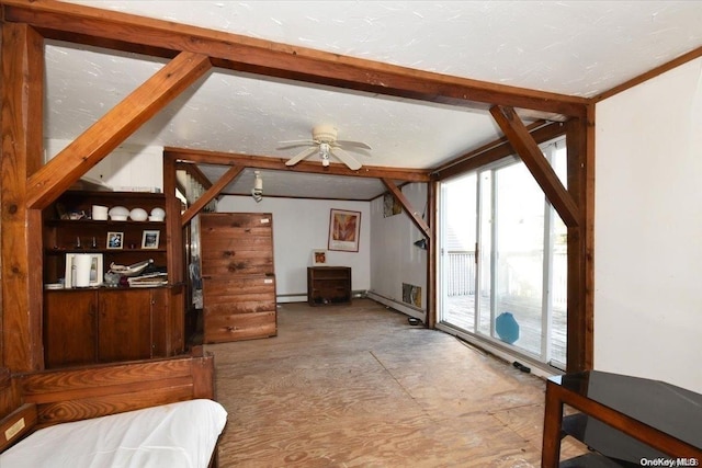 living room featuring a textured ceiling, a baseboard radiator, ceiling fan, and lofted ceiling