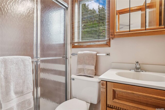 bathroom featuring vanity, toilet, and a shower with shower door