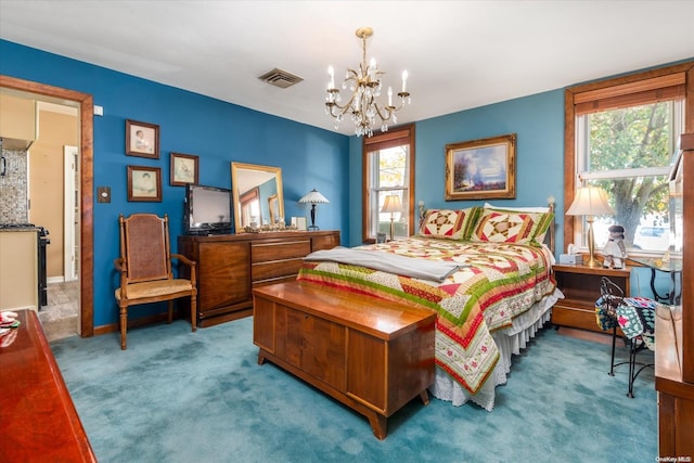 bedroom featuring a notable chandelier, light colored carpet, and multiple windows