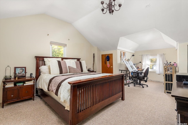 bedroom featuring light colored carpet and lofted ceiling