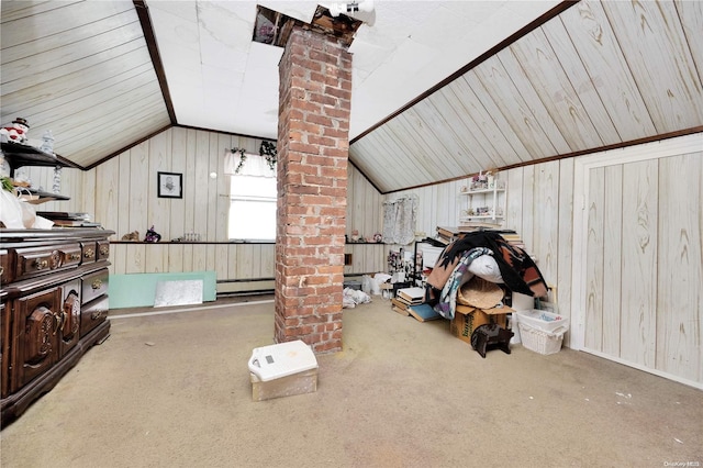 interior space with carpet, lofted ceiling, and wood walls