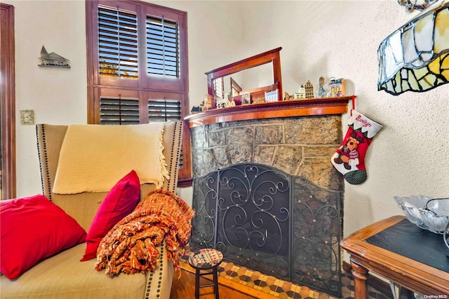 living room with a fireplace