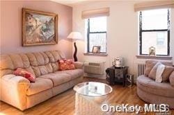 living room featuring an AC wall unit, a wealth of natural light, and hardwood / wood-style flooring