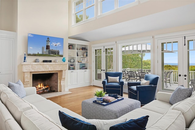 living room with a healthy amount of sunlight, light hardwood / wood-style floors, and french doors